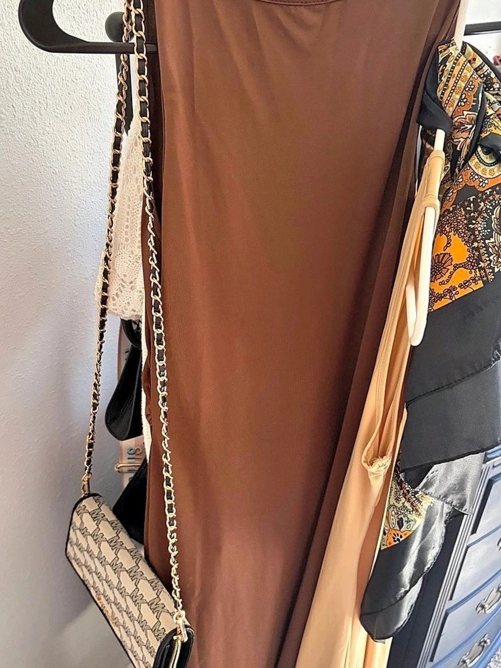 Brown & Tan Maxi Dress new! With purse scarf and hair clip. Make an offer!